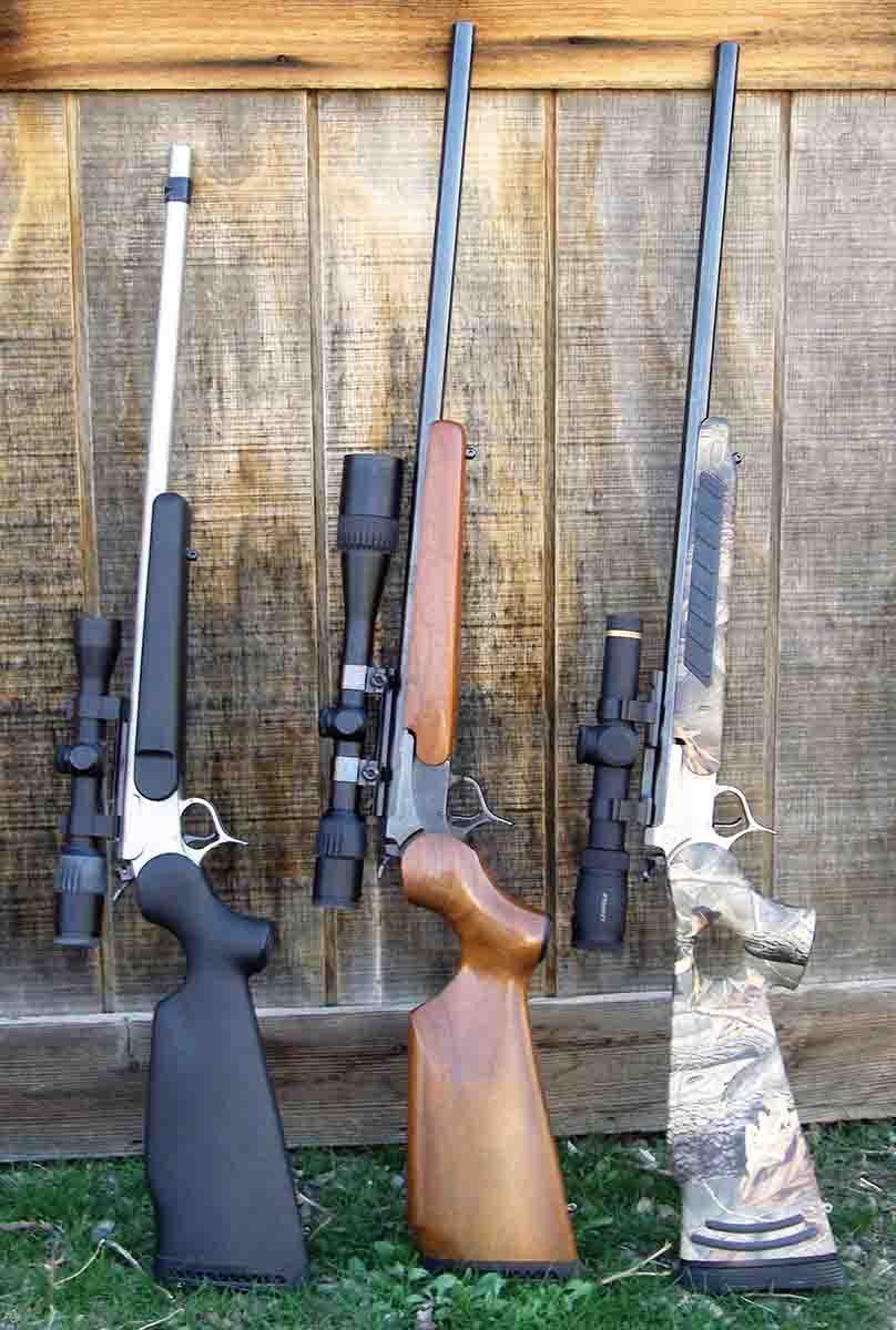 These rifles include (from left) a Thompson/Center Arms stainless steel G2 Contender, a blue finish Encore and an Encore Pro Hunter in stainless steel.